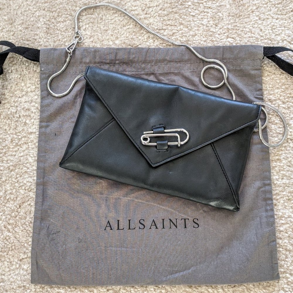 AllSaints Black Leather Envelope Mini Bag with Silver Hardware